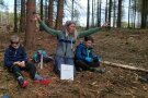 Frau kniet mit ausgebreiteten Armen auf dem Waldboden, vor ihr lehnt das Bild eines Flachwurzelsysems